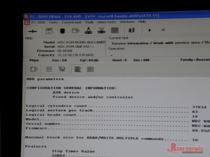 P1021529 dysk ustabilizowany ale dalej nie odczytuje ID, nr seryjnego, mapowania głowic i strefy serwisoweji zgłasza się jako: WDC ROM MODEL-BUCCANER