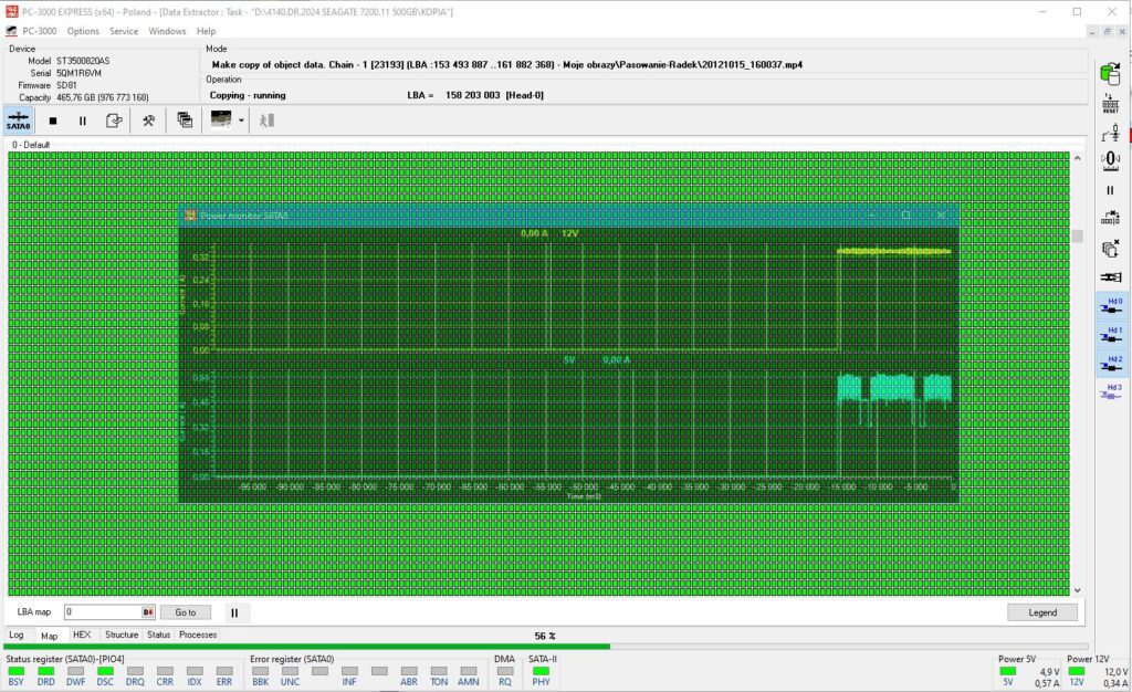 kopia sektorowa dysku Seagate 500 GB z podglądem pracy głowic