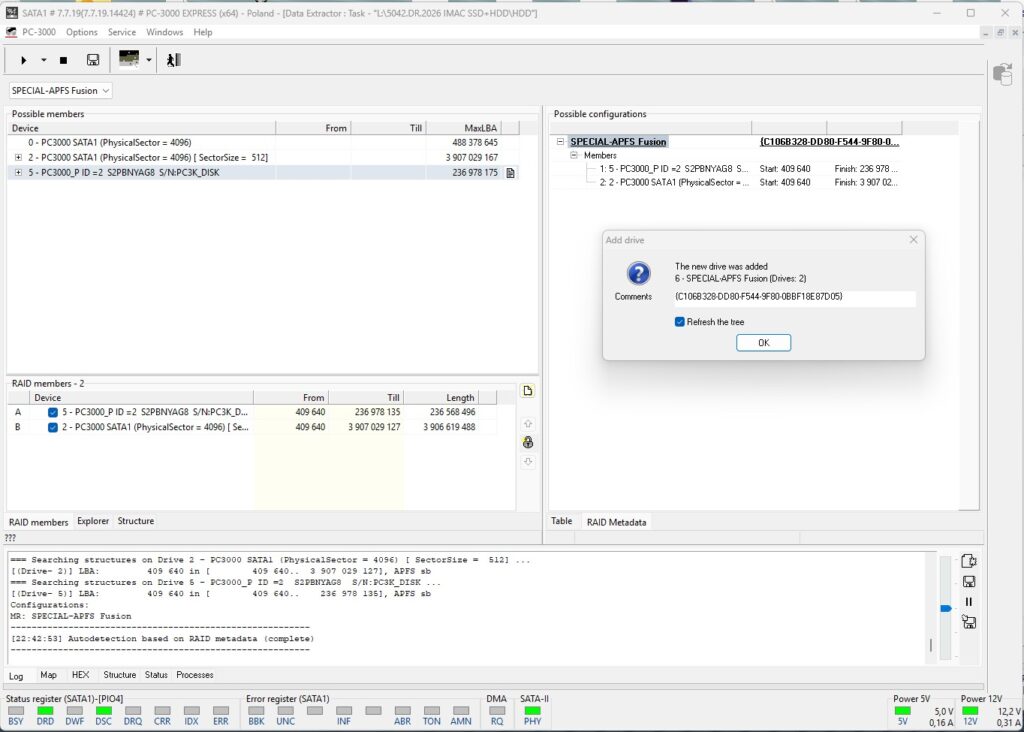 Praca pod PC-3000 Express RAID z macierzą MacOS Fusion Drive