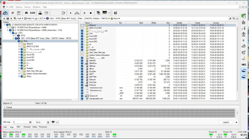 odzyskane pliki Seagate ST1000LM035 w PC-3000 Data Extractor