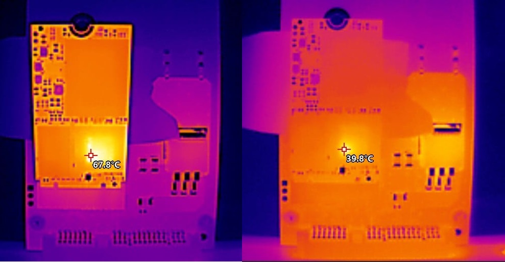 Po przepięciu UNION MEMORY AM610 NVMe. Kamera IR i przedstawiony przegrzany kontroler Phison PS5008 Zdjęcie przedstawia analizę termowizyjną urządzenia elektronicznego. Po lewej stronie widoczna jest sekcja o temperaturze 67,8°C, natomiast po prawej 39,8°C. Obraz ukazuje różnice w rozkładzie ciepła, co jest pomocne w diagnostyce termicznej komponentów.